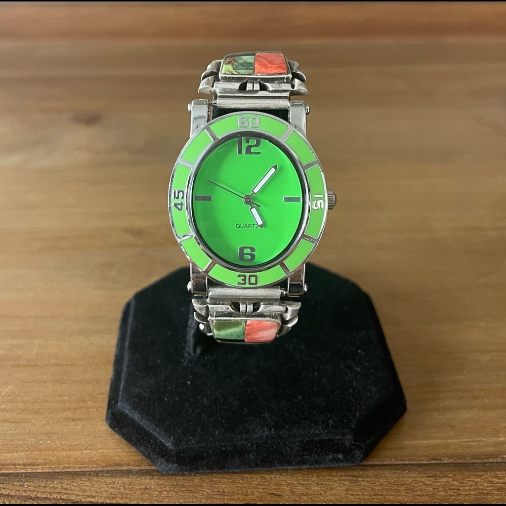 Vintage Southwestern Silver Watch Band with New Neon Green Face